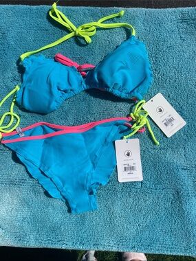 Body Glove Turquoise Bikini with Neon Yellow and Pink Trim